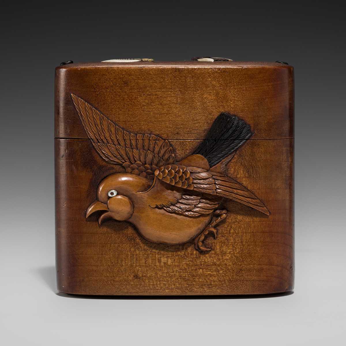 Lot 60 - A FINE INLAID WOOD TONKOTSU WITH A SPARROW, CRANE AND INSECTS, STYLE OF HASEGAWA IKKO