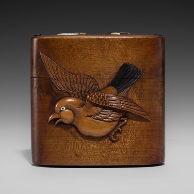 Lot 60 - A FINE INLAID WOOD TONKOTSU WITH A SPARROW, CRANE AND INSECTS, STYLE OF HASEGAWA IKKO