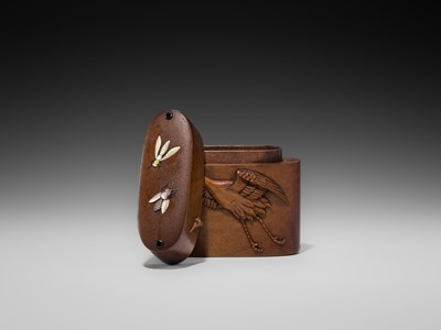 Lot 60 - A FINE INLAID WOOD TONKOTSU WITH A SPARROW, CRANE AND INSECTS, STYLE OF HASEGAWA IKKO