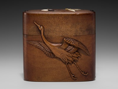 Lot 60 - A FINE INLAID WOOD TONKOTSU WITH A SPARROW, CRANE AND INSECTS, STYLE OF HASEGAWA IKKO