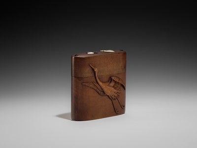 Lot 60 - A FINE INLAID WOOD TONKOTSU WITH A SPARROW, CRANE AND INSECTS, STYLE OF HASEGAWA IKKO