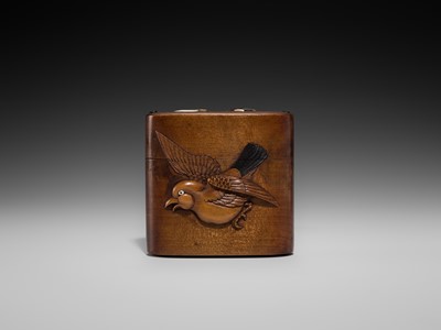 Lot 60 - A FINE INLAID WOOD TONKOTSU WITH A SPARROW, CRANE AND INSECTS, STYLE OF HASEGAWA IKKO