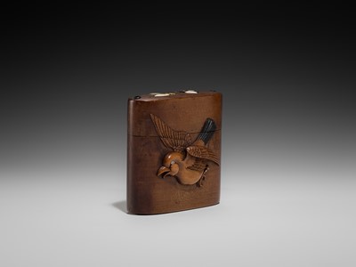 Lot 60 - A FINE INLAID WOOD TONKOTSU WITH A SPARROW, CRANE AND INSECTS, STYLE OF HASEGAWA IKKO