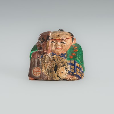 Lot 1775 - TOGEN: A POLYCHROME WOOD NETSUKE OF AN ACTOR WITH A BUGAKU MASK