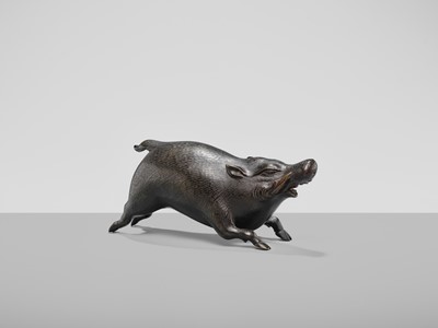Lot 16 - A FINE BRONZE OKIMONO OF A CHARGING BOAR