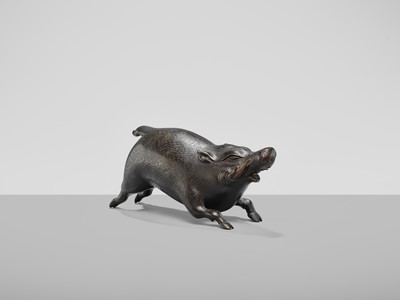 Lot 16 - A FINE BRONZE OKIMONO OF A CHARGING BOAR