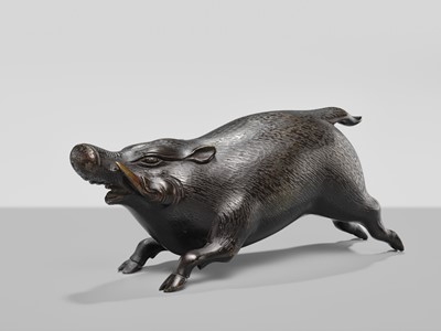 Lot 16 - A FINE BRONZE OKIMONO OF A CHARGING BOAR