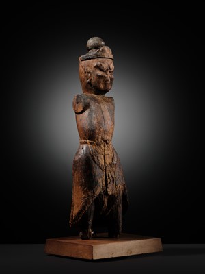 Lot 78 - A HINOKI WOOD FIGURE OF A GUARDIAN KING, HEIAN PERIOD