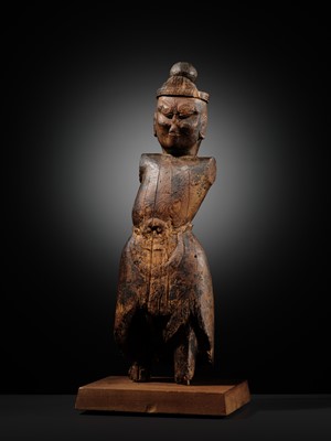 Lot 78 - A HINOKI WOOD FIGURE OF A GUARDIAN KING, HEIAN PERIOD