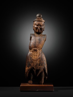 Lot 78 - A HINOKI WOOD FIGURE OF A GUARDIAN KING, HEIAN PERIOD