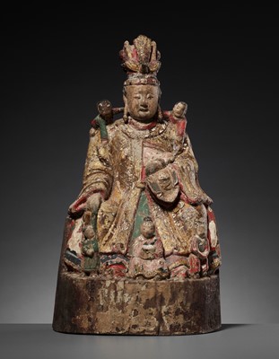 Lot 502 - A RARE LACQUERED WOOD STATUE OF SONGZI GUANYIN BREASTFEEDING A CHILD, DATED 1633