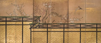 A PAIR OF FINE KANO SCHOOL SIX-PANEL BYOBU (FOLDING SCREENS) DEPICTING BIRDS IN A LANDSCAPE