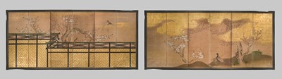 A PAIR OF FINE KANO SCHOOL SIX-PANEL BYOBU (FOLDING SCREENS) DEPICTING BIRDS IN A LANDSCAPE
