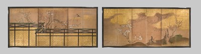 A PAIR OF FINE KANO SCHOOL SIX-PANEL BYOBU (FOLDING SCREENS) DEPICTING BIRDS IN A LANDSCAPE