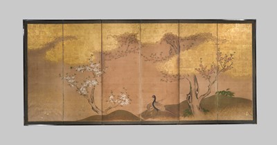 A PAIR OF FINE KANO SCHOOL SIX-PANEL BYOBU (FOLDING SCREENS) DEPICTING BIRDS IN A LANDSCAPE