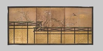 A PAIR OF FINE KANO SCHOOL SIX-PANEL BYOBU (FOLDING SCREENS) DEPICTING BIRDS IN A LANDSCAPE