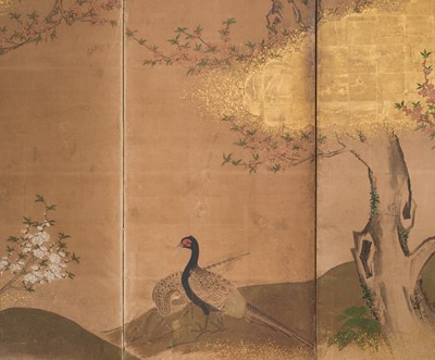 A PAIR OF FINE KANO SCHOOL SIX-PANEL BYOBU (FOLDING SCREENS) DEPICTING BIRDS IN A LANDSCAPE