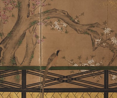A PAIR OF FINE KANO SCHOOL SIX-PANEL BYOBU (FOLDING SCREENS) DEPICTING BIRDS IN A LANDSCAPE