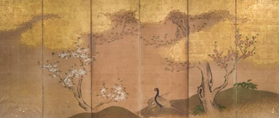 A PAIR OF FINE KANO SCHOOL SIX-PANEL BYOBU (FOLDING SCREENS) DEPICTING BIRDS IN A LANDSCAPE