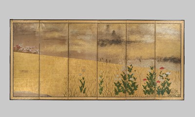 Lot 299 - A FINE RIMPA SCHOOL SIX-PANEL BYOBU (FOLDING SCREEN) DEPICTING POPPIES IN A FIELD
