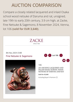 Lot 169 - AN AMUSING LACQUERED WOOD NETSUKE OF DARUMA BALANCING A DARUMA DOLL, ATTRIBUTED TO ANRAKU