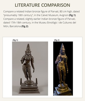Lot 212 - A LARGE (152 CM) AND MASSIVE BRONZE TEMPLE FIGURE OF PARVATI, SOUTH INDIA, 19TH-FIRST HALF OF 20TH CENTURY