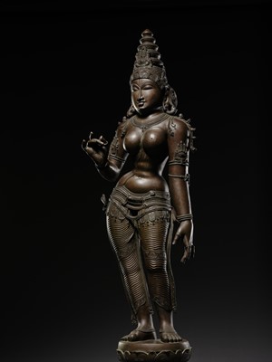 Lot 212 - A LARGE (152 CM) AND MASSIVE BRONZE TEMPLE FIGURE OF PARVATI, SOUTH INDIA, 19TH-FIRST HALF OF 20TH CENTURY