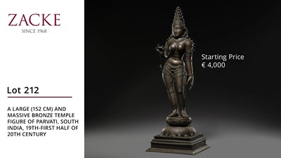 Lot 212 - A LARGE (152 CM) AND MASSIVE BRONZE TEMPLE FIGURE OF PARVATI, SOUTH INDIA, 19TH-FIRST HALF OF 20TH CENTURY
