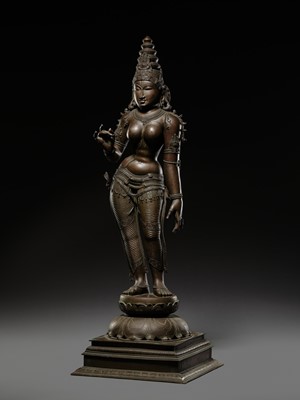 Lot 212 - A LARGE (152 CM) AND MASSIVE BRONZE TEMPLE FIGURE OF PARVATI, SOUTH INDIA, 19TH-FIRST HALF OF 20TH CENTURY