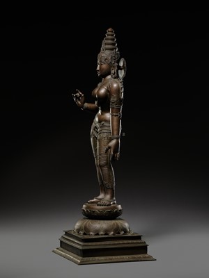Lot 212 - A LARGE (152 CM) AND MASSIVE BRONZE TEMPLE FIGURE OF PARVATI, SOUTH INDIA, 19TH-FIRST HALF OF 20TH CENTURY