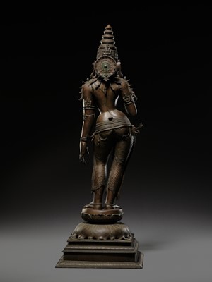 Lot 212 - A LARGE (152 CM) AND MASSIVE BRONZE TEMPLE FIGURE OF PARVATI, SOUTH INDIA, 19TH-FIRST HALF OF 20TH CENTURY