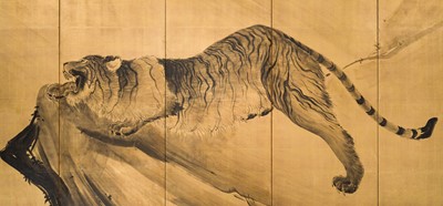 SEISAI: AN IMPRESSIVE MARYUAMA SCHOOL SIX-PANEL BYOBU (FOLDING SCREEN) WITH A ROARING TIGER