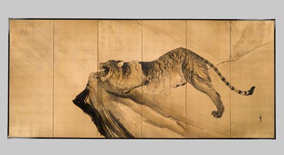 SEISAI: AN IMPRESSIVE MARYUAMA SCHOOL SIX-PANEL BYOBU (FOLDING SCREEN) WITH A ROARING TIGER
