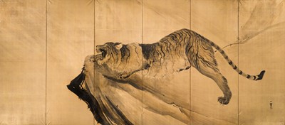 SEISAI: AN IMPRESSIVE MARYUAMA SCHOOL SIX-PANEL BYOBU (FOLDING SCREEN) WITH A ROARING TIGER