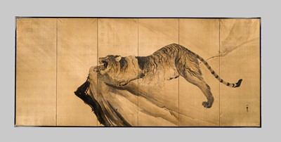 SEISAI: AN IMPRESSIVE MARYUAMA SCHOOL SIX-PANEL BYOBU (FOLDING SCREEN) WITH A ROARING TIGER