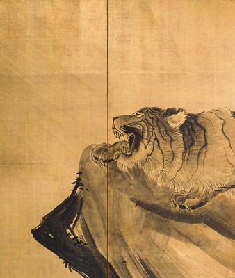 SEISAI: AN IMPRESSIVE MARYUAMA SCHOOL SIX-PANEL BYOBU (FOLDING SCREEN) WITH A ROARING TIGER
