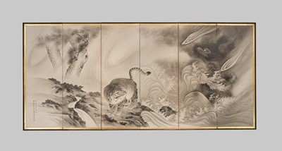 Lot 311 - ICHIKAWA KUNKEI: A SUPERB SIX-PANEL BYOBU (FOLDING SCREEN) DEPICTING TIGER AND DRAGON, DATED 1759