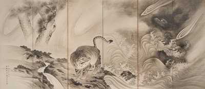 Lot 311 - ICHIKAWA KUNKEI: A SUPERB SIX-PANEL BYOBU (FOLDING SCREEN) DEPICTING TIGER AND DRAGON, DATED 1759