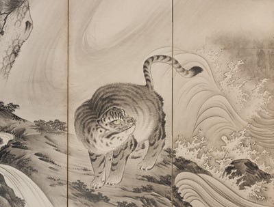 Lot 311 - ICHIKAWA KUNKEI: A SUPERB SIX-PANEL BYOBU (FOLDING SCREEN) DEPICTING TIGER AND DRAGON, DATED 1759
