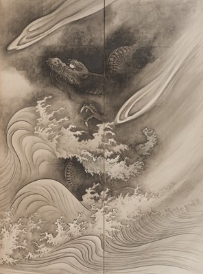 Lot 311 - ICHIKAWA KUNKEI: A SUPERB SIX-PANEL BYOBU (FOLDING SCREEN) DEPICTING TIGER AND DRAGON, DATED 1759