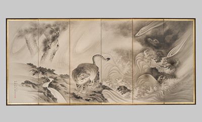Lot 311 - ICHIKAWA KUNKEI: A SUPERB SIX-PANEL BYOBU (FOLDING SCREEN) DEPICTING TIGER AND DRAGON, DATED 1759