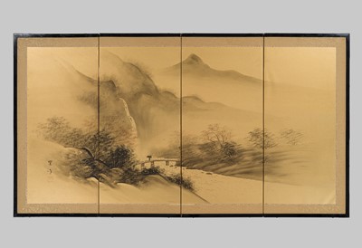 Lot 317 - SUIHO: A FOUR-PANEL BYOBU (FOLDING SCREEN) DEPICTING A WOODCUTTER CROSSING A BRIDGE