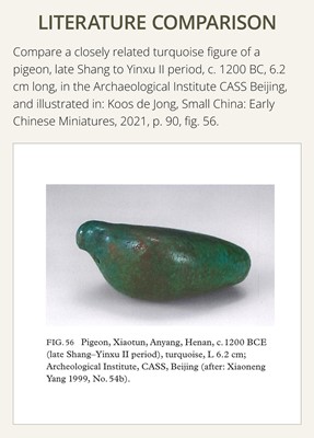 Lot 24 - A FINE TURQUOISE BEAD IN THE FORM OF A DIVINE TURTLEDOVE, WESTERN HAN DYNASTY