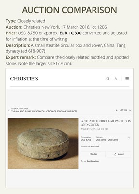 Lot 31 - A SMALL STEATITE PASTE BOX AND COVER, TANG DYNASTY