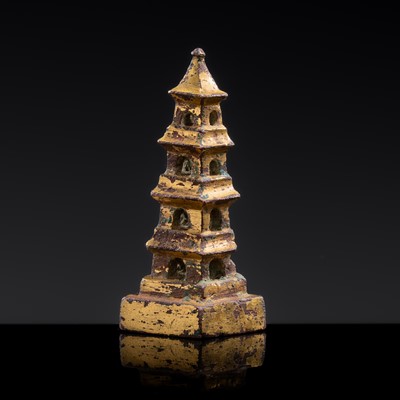 Lot 9 - A RARE GILT-BRONZE ‘PAGODA’ SEAL, THREE KINGDOMS PERIOD - TANG DYNASTY