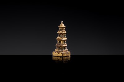 Lot 9 - A RARE GILT-BRONZE ‘PAGODA’ SEAL, THREE KINGDOMS PERIOD - TANG DYNASTY