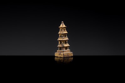 Lot 9 - A RARE GILT-BRONZE ‘PAGODA’ SEAL, THREE KINGDOMS PERIOD - TANG DYNASTY
