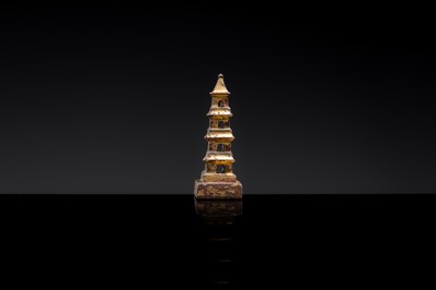 Lot 9 - A RARE GILT-BRONZE ‘PAGODA’ SEAL, THREE KINGDOMS PERIOD - TANG DYNASTY