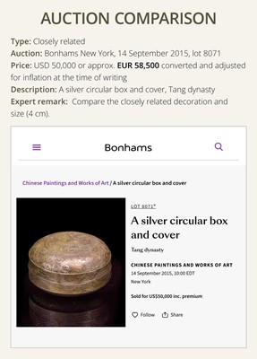 A MINIATURE SILVER ‘FLOWERS AND BIRDS’ BOX AND COVER, TANG DYNASTY