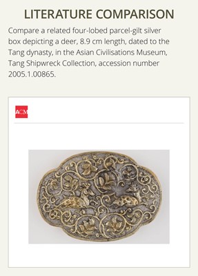 Lot 13 - A MINIATURE PARCEL-GILT SILVER ‘WINGED DEER’ BOX AND COVER, TANG DYNASTY